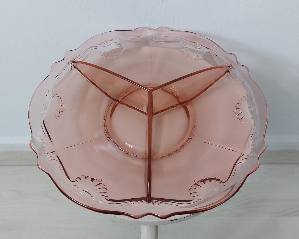 Vintage ronde roze glazen schaal 3-vaks, Huis en Inrichting, Schaal, Rond, Ophalen of Verzenden, Glas
