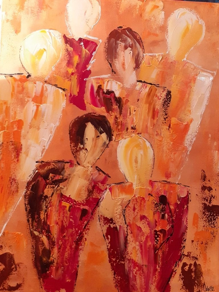 Schilderij met kleurrijke figuratieve familieopstelling, Ophalen, Nieuw, 50 tot 75 cm, Schilderij
