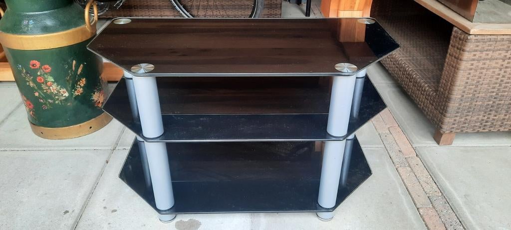 Modern TV-meubel met 3 glazen planken, Ophalen, Gebruikt, 100 tot 150 cm, 50 tot 100 cm