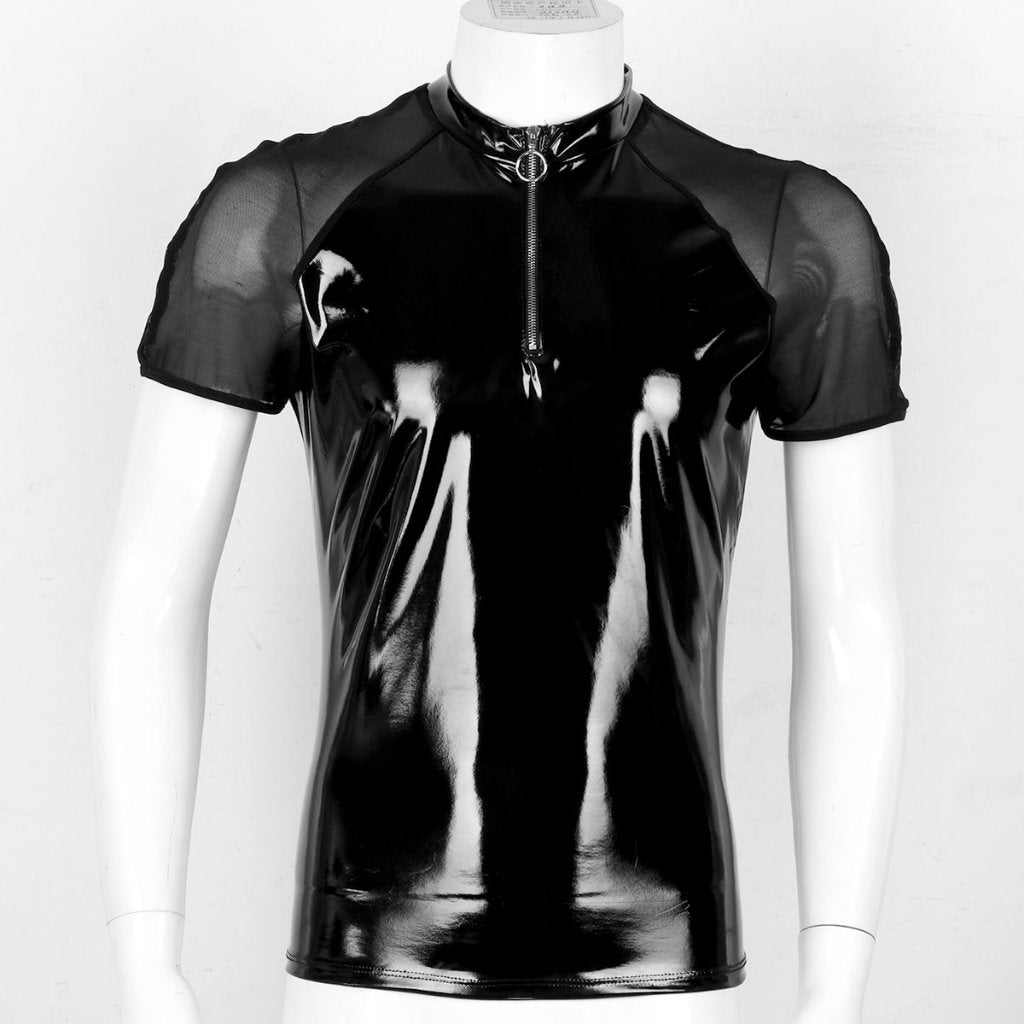 Heren wetlook shirt met rits / leren zwart glanzend mannen, Verzenden, Nieuw, Overige maten, Overige thema's