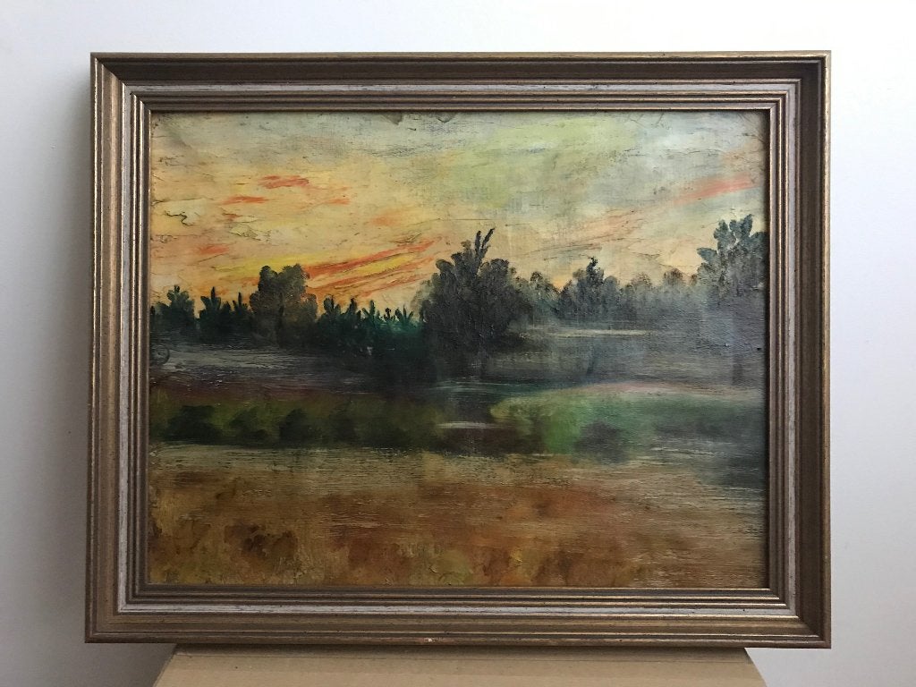 Schilderij landschap meer bomen in houten lijst, Ophalen of Verzenden, Landschap