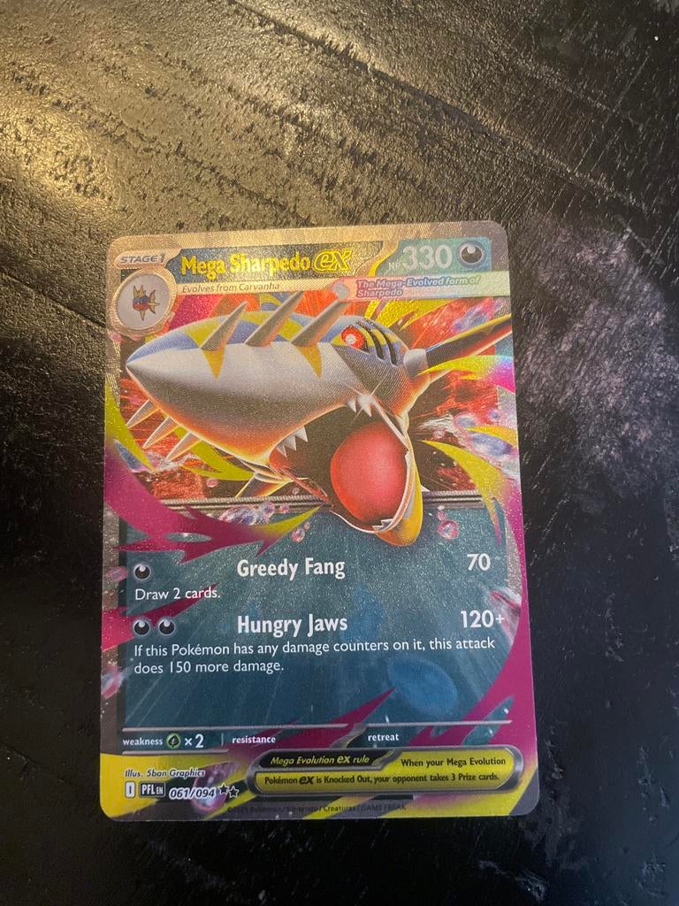 Mega Sharpedo EX Pokémon Kaart - Zeldzaam en Foil, Ophalen of Verzenden, Zo goed als nieuw, Losse kaart, Foil