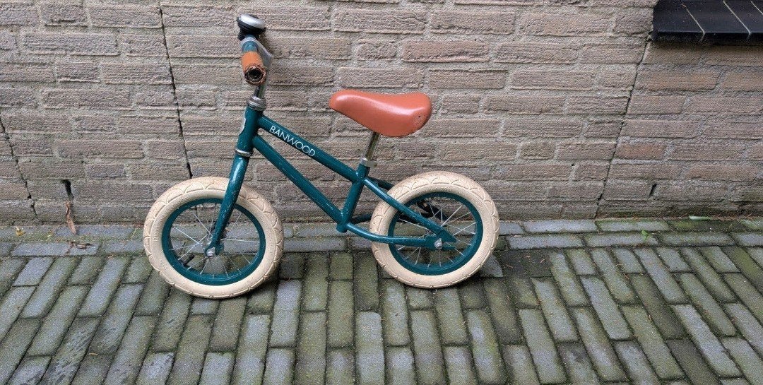 Banwood loopfiets - Groen met bruin zadel, Ophalen of Verzenden, Gebruikt, Minder dan 16 inch, Banwood