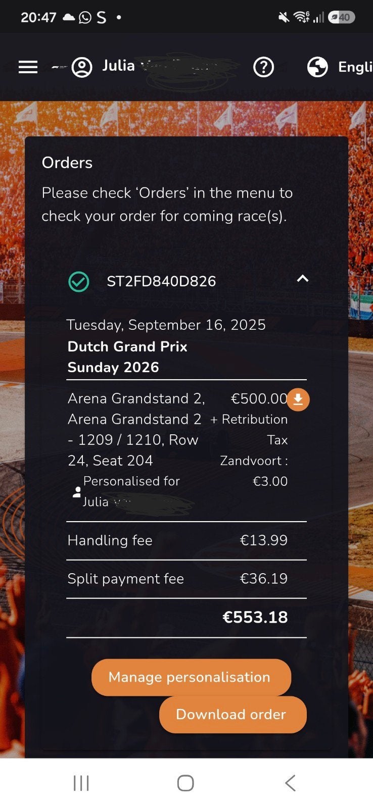 Dutch GP 2026 Zondag Ticket – Arena Grandstand – Origineel, Tickets en Kaartjes, Eén persoon, Augustus