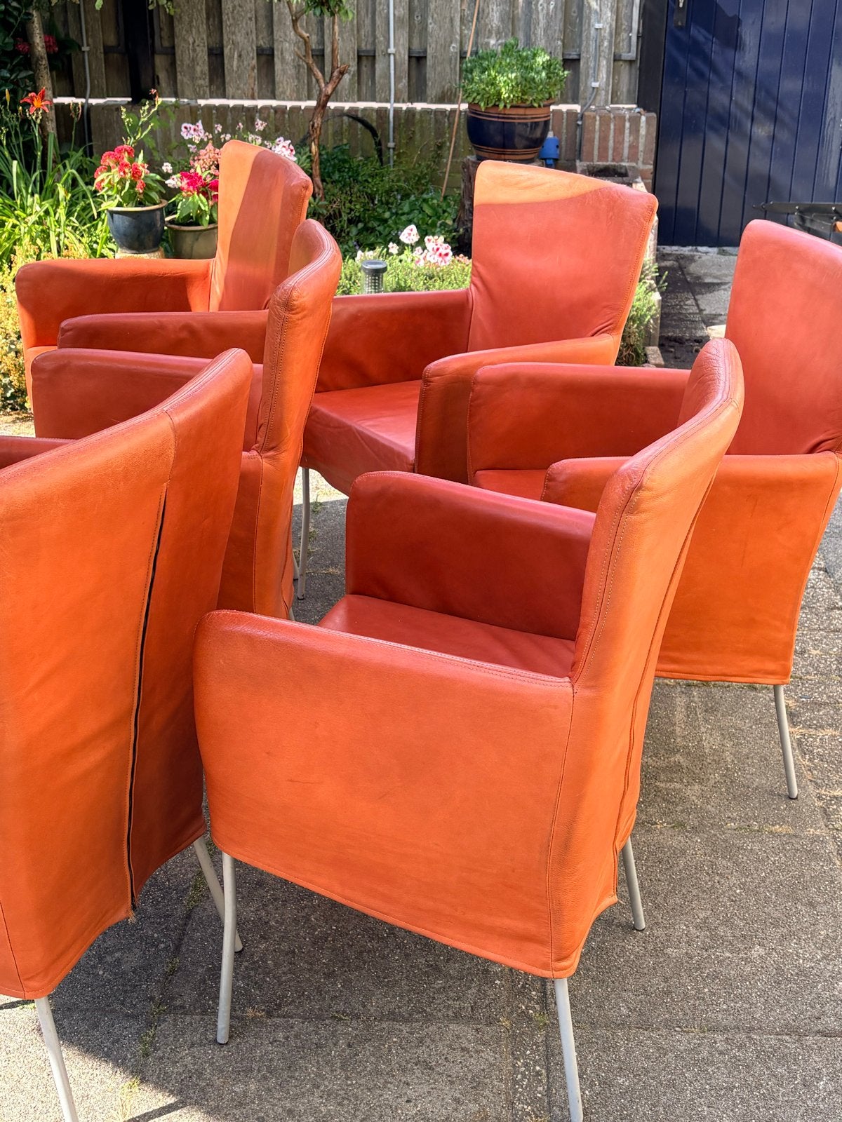 6 Enzoluca lederen eetkamerstoelen - Oranje, Huis en Inrichting, Stoelen, Ophalen, Gebruikt, Overige kleuren, Leer