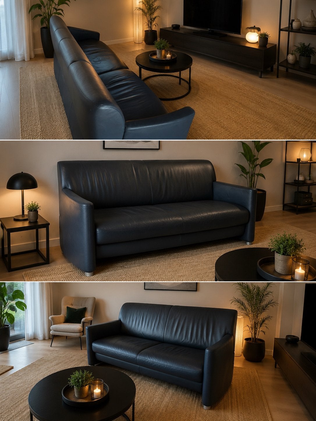 Leolux bank, 2.5 zit donkerblauw leer, Ophalen, Zo goed als nieuw, Leer, Modern design / minimalistische designstijl