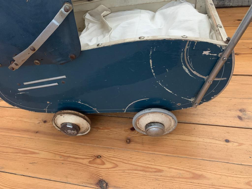 Vintage Poppenwagen - Blauw Houten Speelgoed, Ophalen of Verzenden