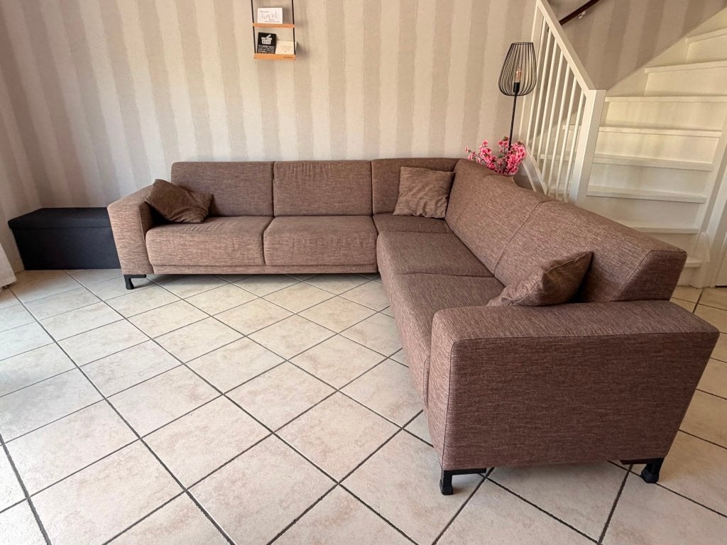 hoekbank aangeboden stof bruin gemeleerd 260x260, Ophalen, 250 tot 300 cm, Gebruikt, 100 tot 125 cm