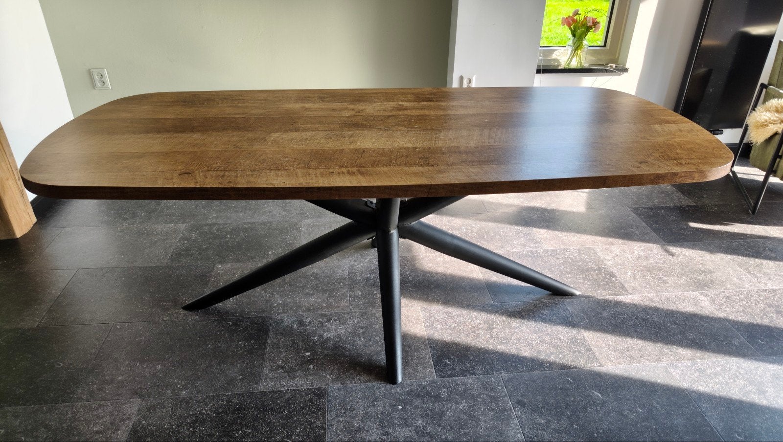 Mooie ovale eettafel 220x100cm, old teak, Ophalen, Kunststof, 100 tot 150 cm, 200 cm of meer