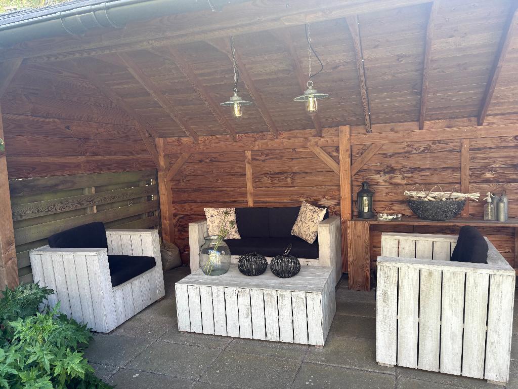 houten tuin set met kussens, Tuin en Terras, Ophalen, 4 zitplaatsen, Gebruikt, Bank