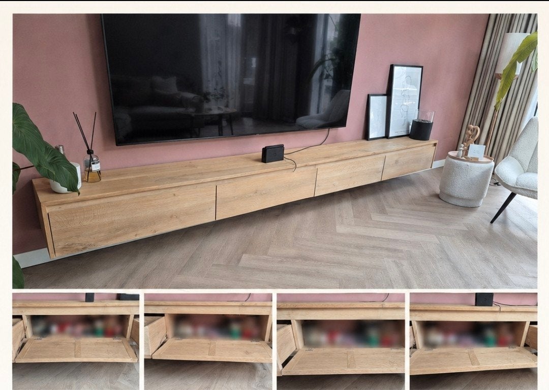 Tv meubel eiken 3.50m op maat gemaakt, Ophalen, Eikenhout, Zo goed als nieuw, 200 cm of meer