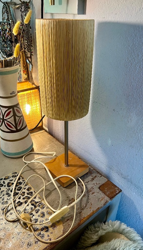 Vintage retro Ikea tafellamp lampje ratan rotan lampenkapje, Vintage, Ophalen of Verzenden, Zo goed als nieuw, Overige materialen