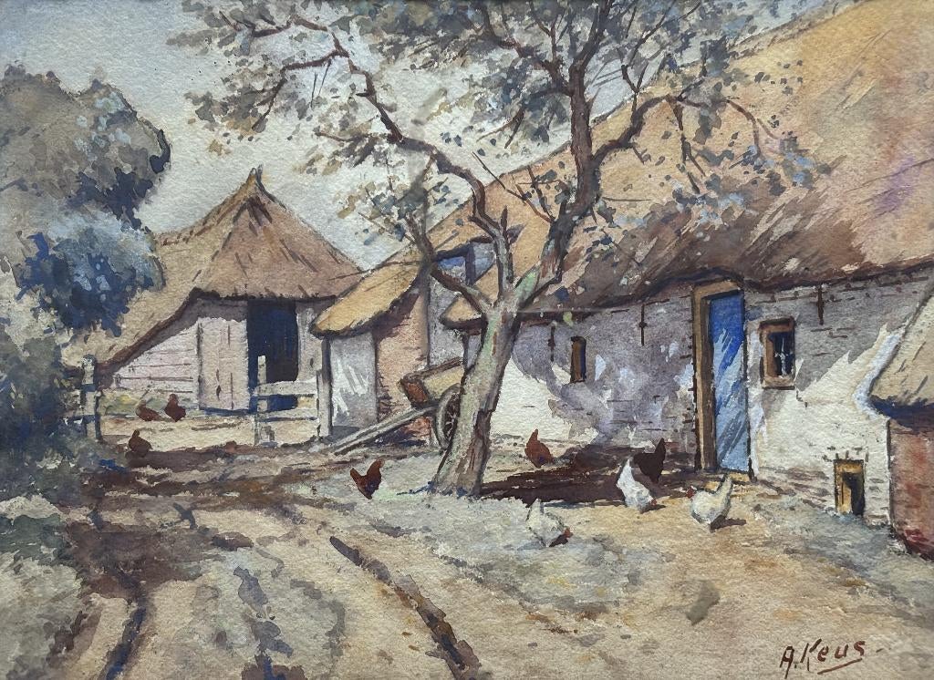 Adriaan Keus (1875-1955)  - Boerderij met kippen, Ophalen of Verzenden