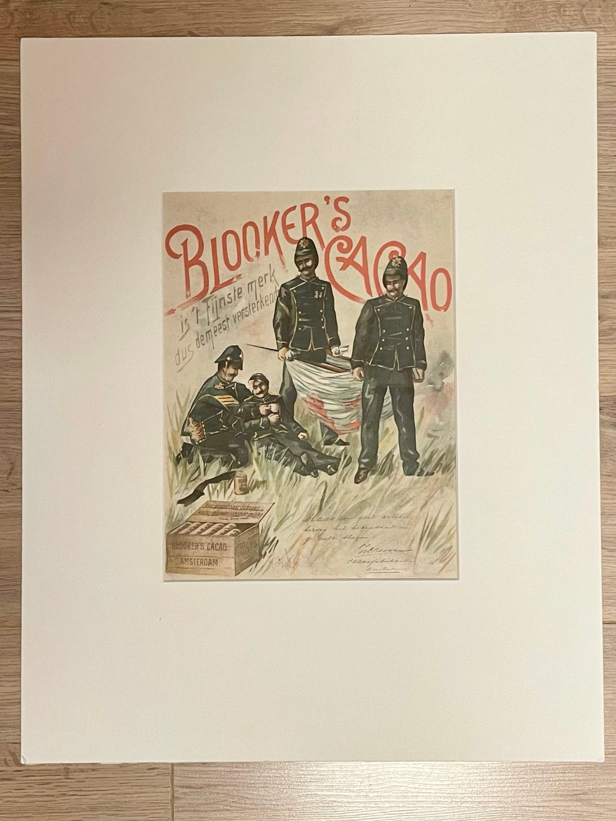 Blooker's Cacao reclame in passe-partout, Antiek en Kunst, Ophalen, Poster, Prent, Met passe-partout