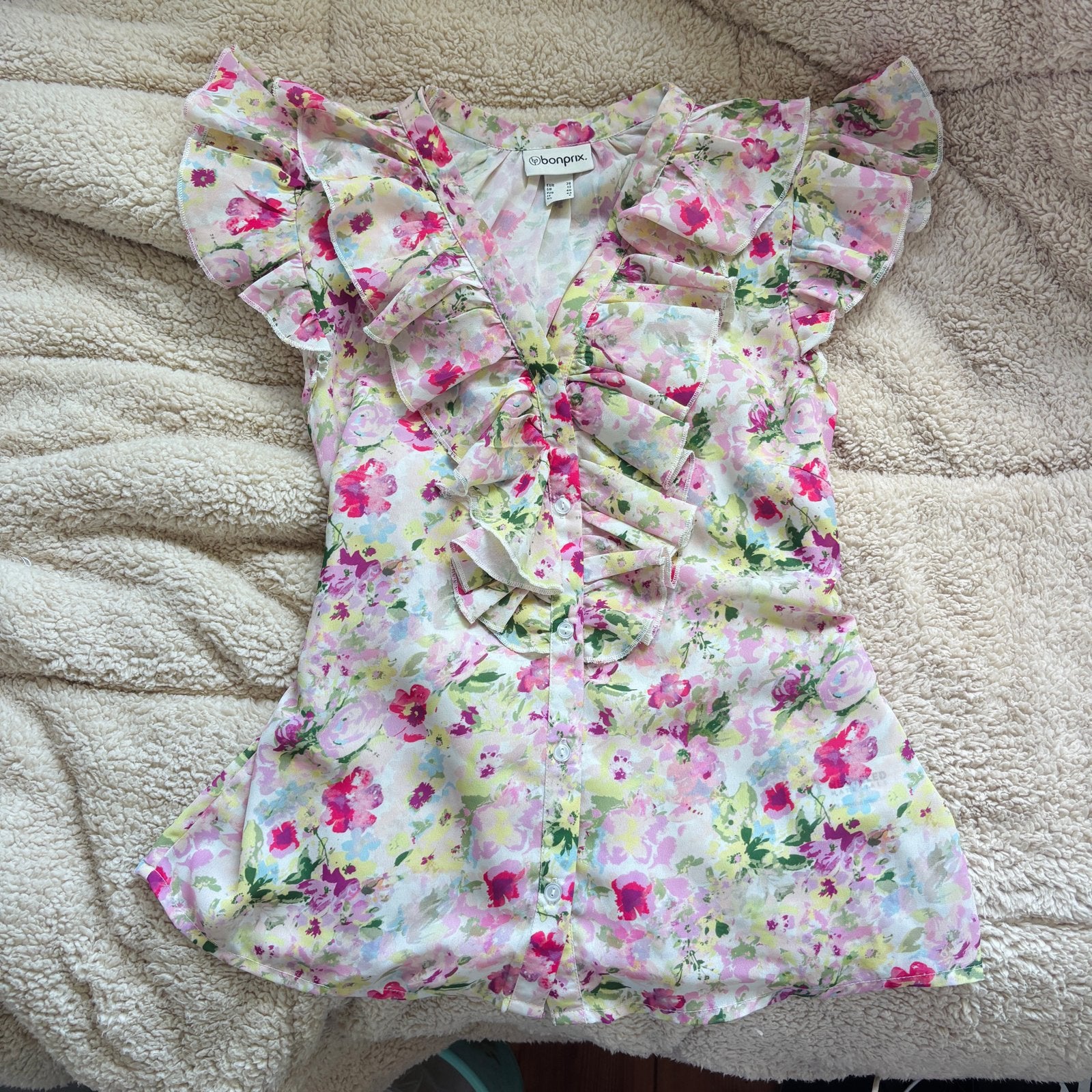 Bonprix bloemen blouse met ruches - Maat M, Ophalen of Verzenden, Gedragen, Maat 38/40 (M), Roze