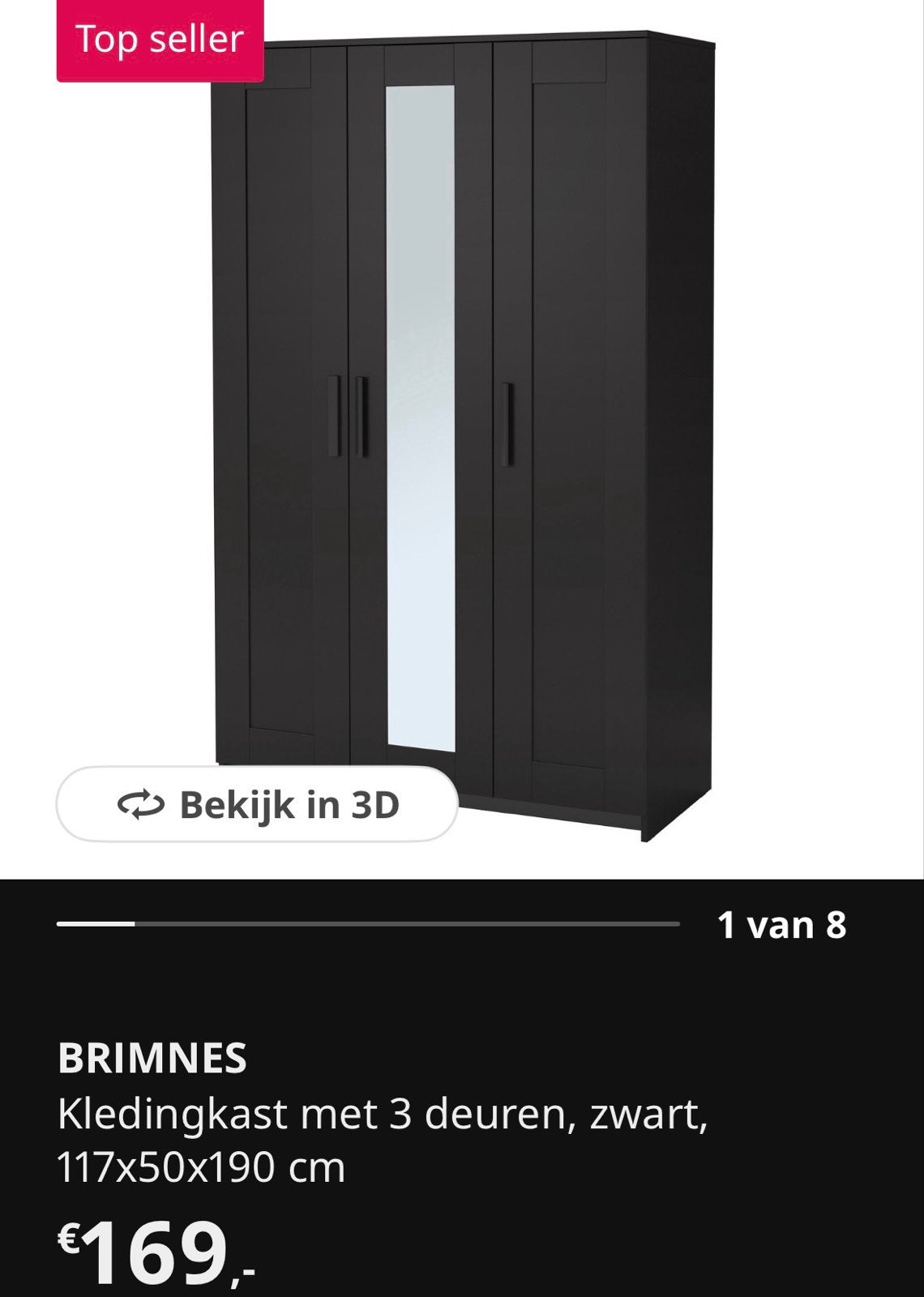 IKEA BRIMNES Kledingkast met 3 deuren, zwart, Ophalen, Gebruikt, 100 tot 150 cm, 150 tot 200 cm