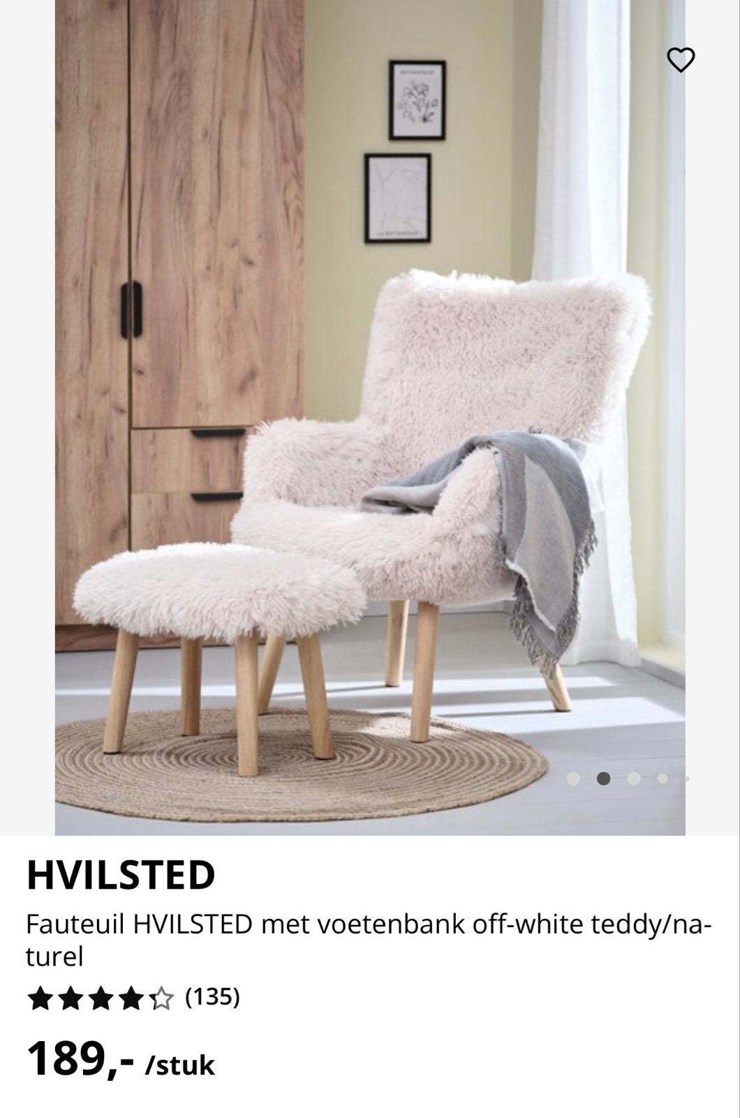 Hvilsted Fauteuil met Voetenbank - Off-white Teddy, Huis en Inrichting, Ophalen, 75 tot 100 cm, Zo goed als nieuw, Stof