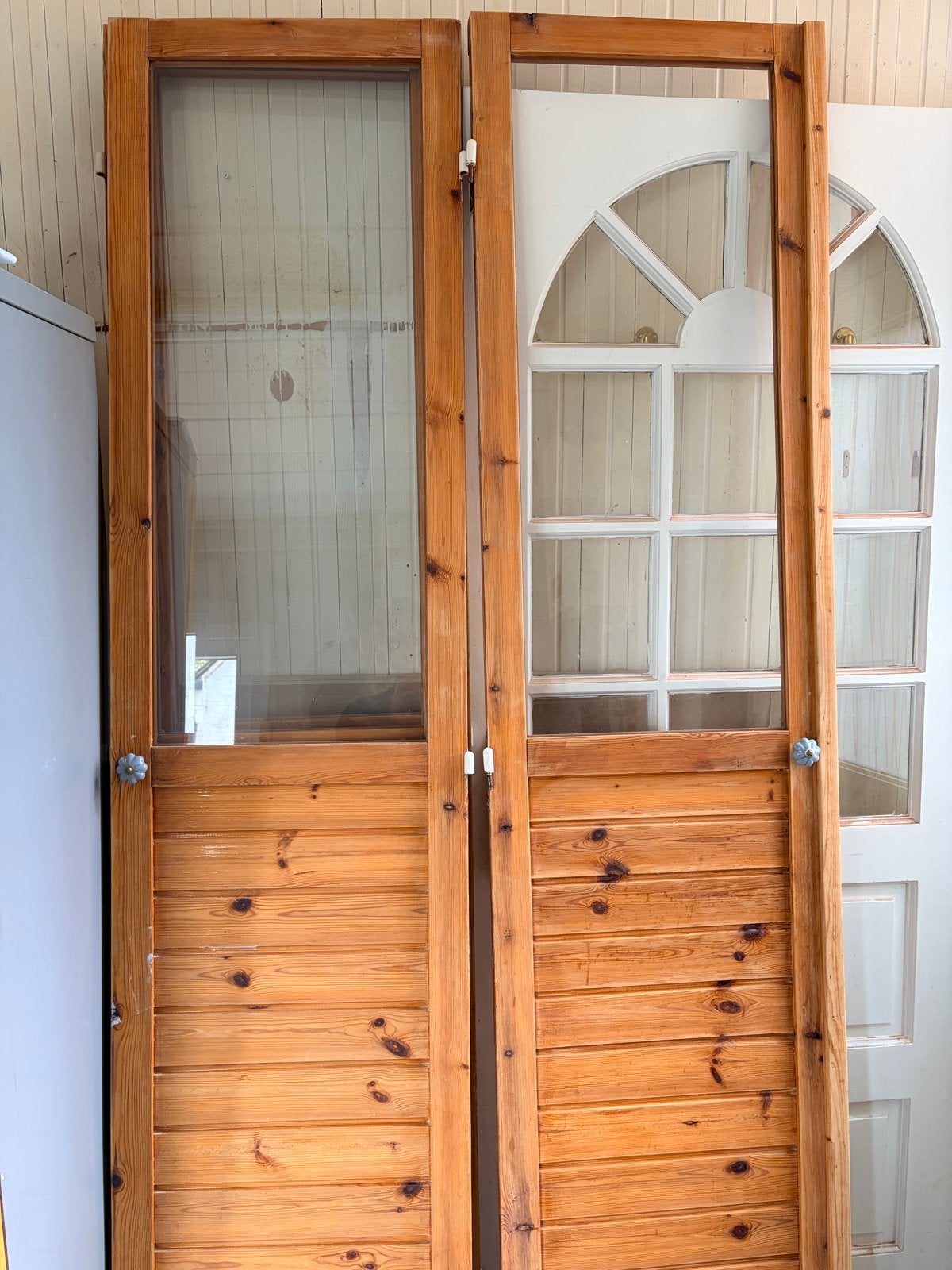 Set van 4 houten deuren met glas en lamellen, Doe-het-zelf en Verbouw, Deuren en Horren, Ophalen, Gebruikt, Minder dan 80 cm, Binnendeur
