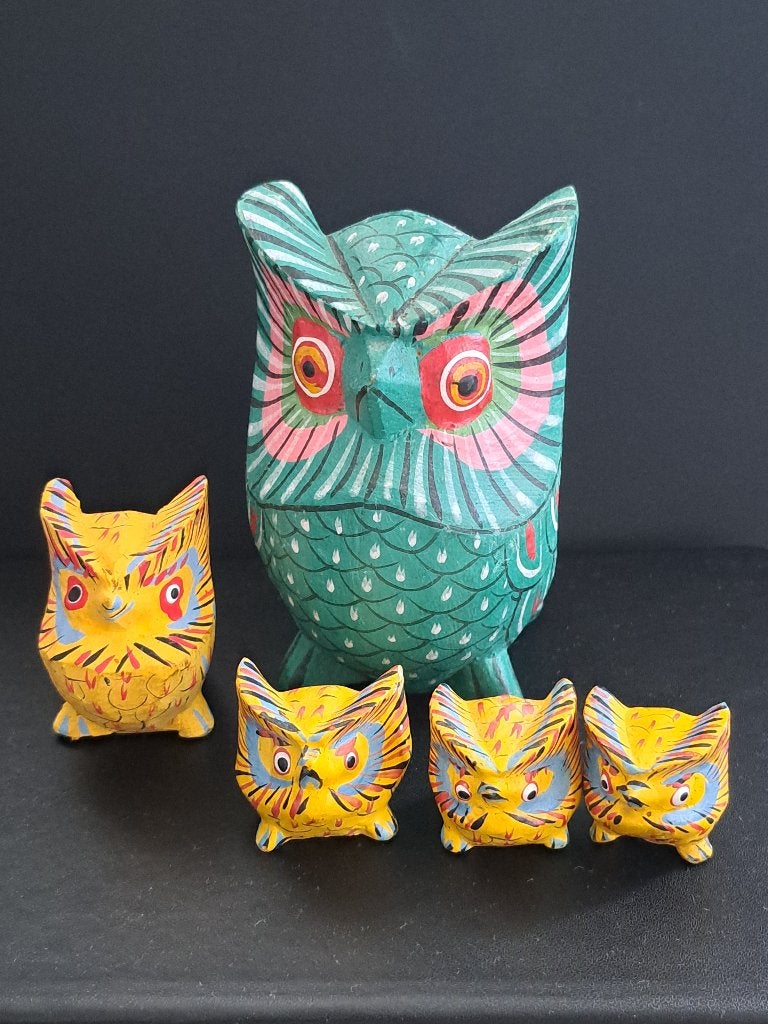 Houten Uilen Set - Grote Uil en 4 Kleine Uiltjes, Ophalen of Verzenden, Gebruikt, Dier
