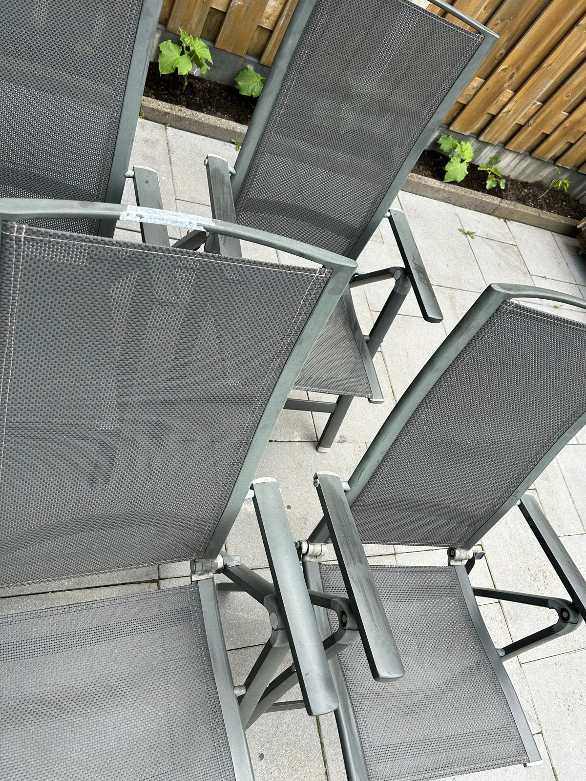 4x Verstelbare tuinstoelen - Grijs - PR Living, Tuin en Terras, Tuinstoelen, Ophalen, Gebruikt, Aluminium, Inklapbaar