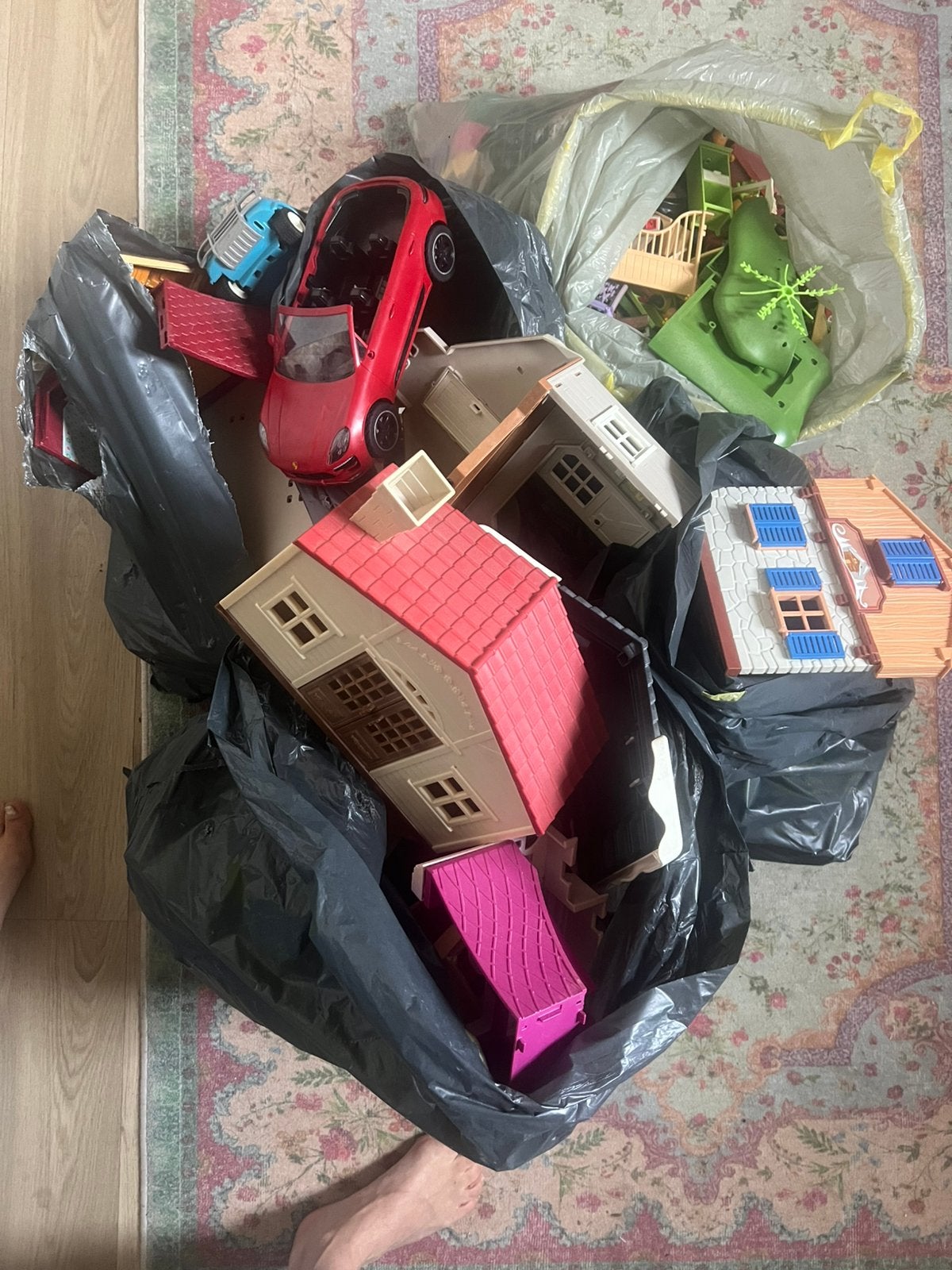 4 zakken playmobil waaronder een skihut en paardensets, Ophalen, Gebruikt