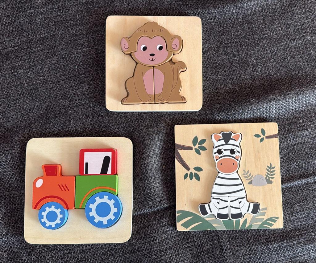 Houten Puzzels: Aap, Zebra en Tractor voor Peuters, Ophalen, 2 tot 4 jaar, Zo goed als nieuw, Van hout
