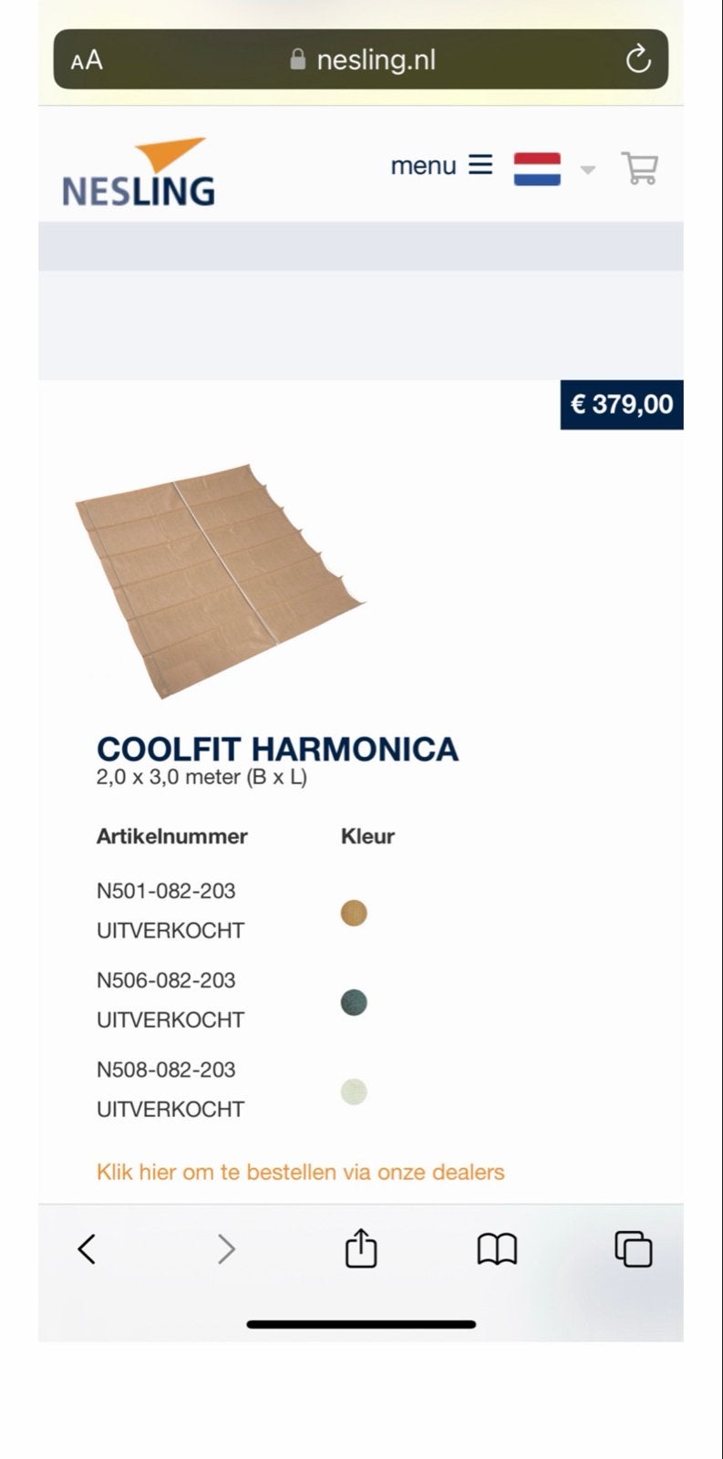 Nesling Coolfit Harmonica Schaduwdoek 2x3m Grijs, Ophalen of Verzenden, Zo goed als nieuw