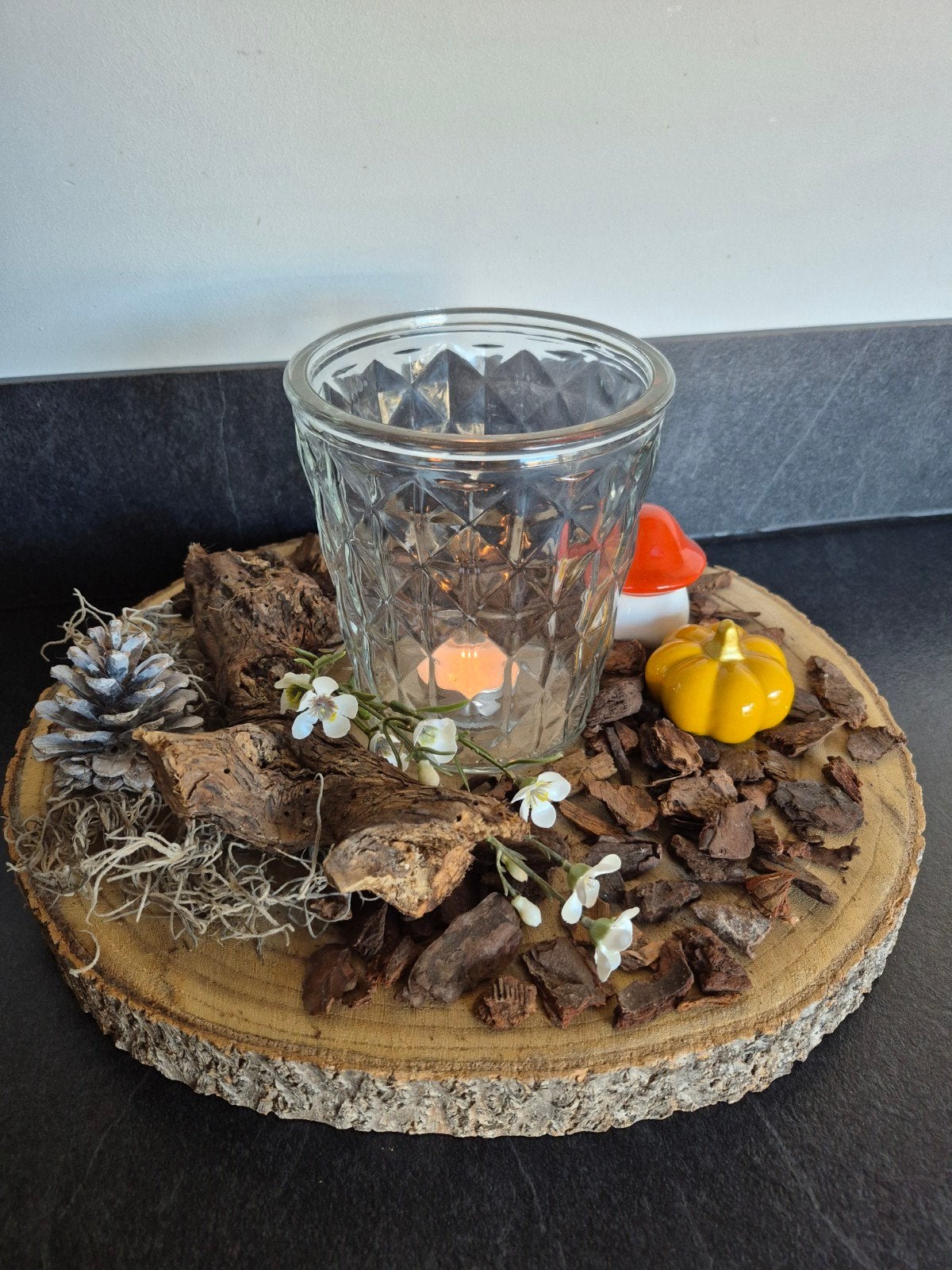 Decoratieve houten schijf met theelichthouder en herfstdeco, Ophalen, Meerkleurig, Overige merken