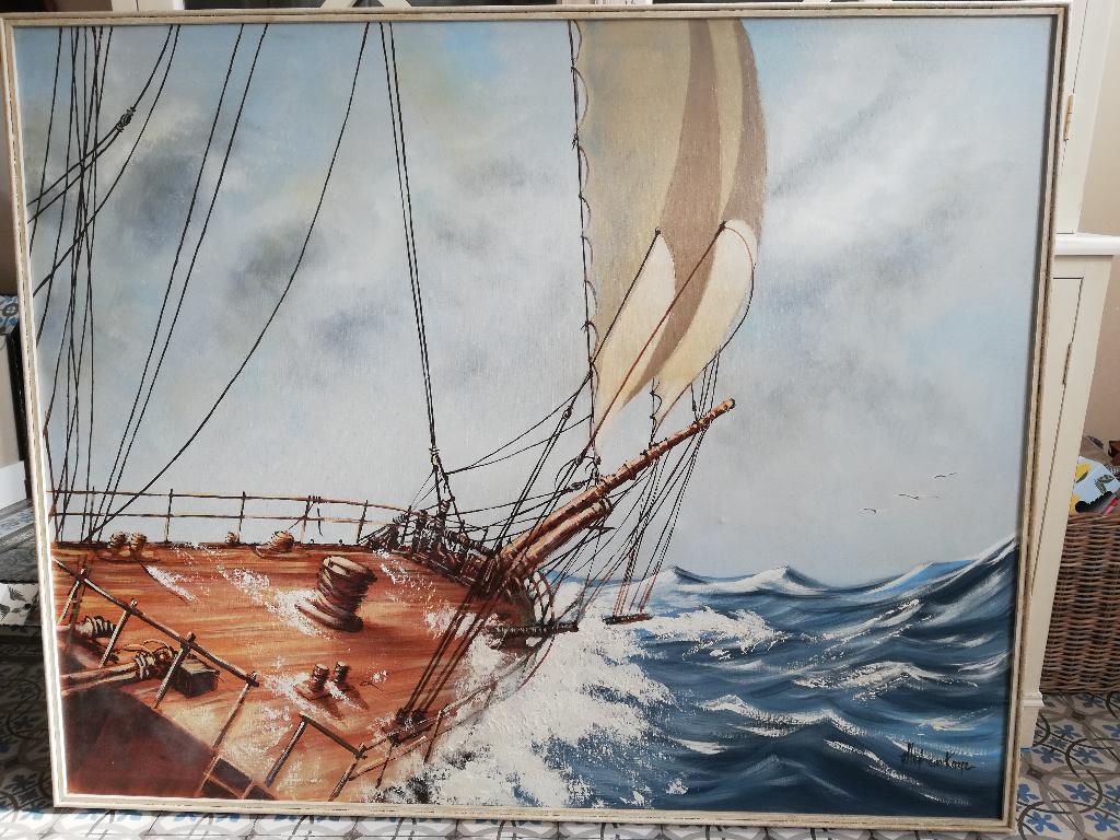 155x125 Enorm vintage painting oil Stephen Kaye, zeilen/zee, Ophalen, Oorspronkelijke maker, 125 cm of meer, Zo goed als nieuw
