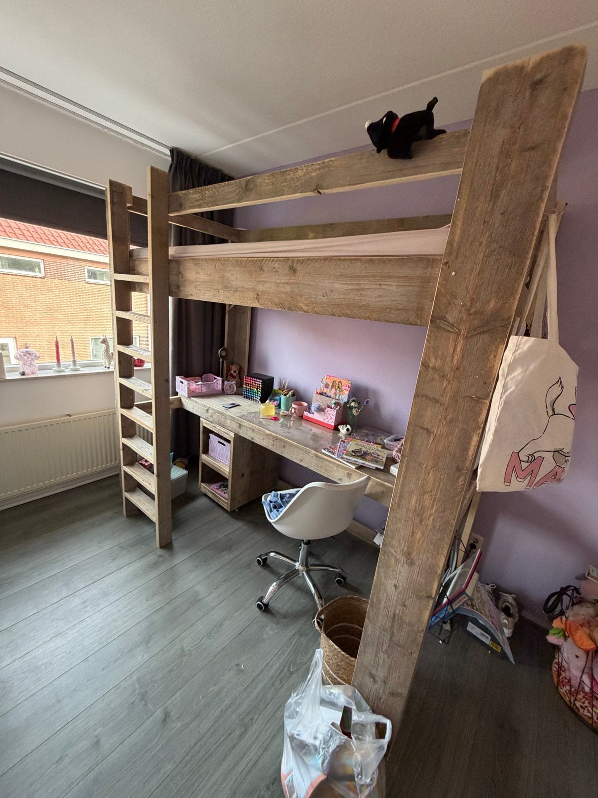Robuuste steigerhouten hoogslaper met bureau en kastje, Eenpersoons, Ophalen of Verzenden, Zo goed als nieuw, 200 cm