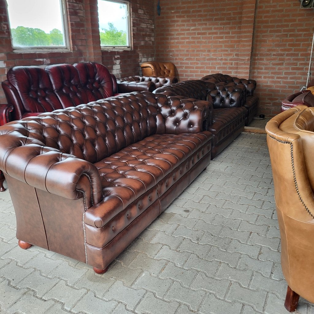 compleet Chesterfield bankstel Majestic buttoned seat bruin, Overige maten, Chesterfield, 75 tot 100 cm, Ophalen of Verzenden