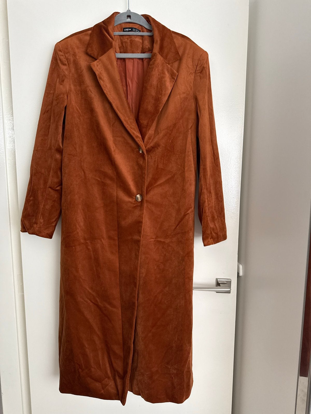 Shein lange ribfluwelen jas/trenchcoat maat M, Kleding | Dames, Jassen | Winter, Zo goed als nieuw, Maat 38/40 (M), Bruin, Ophalen of Verzenden