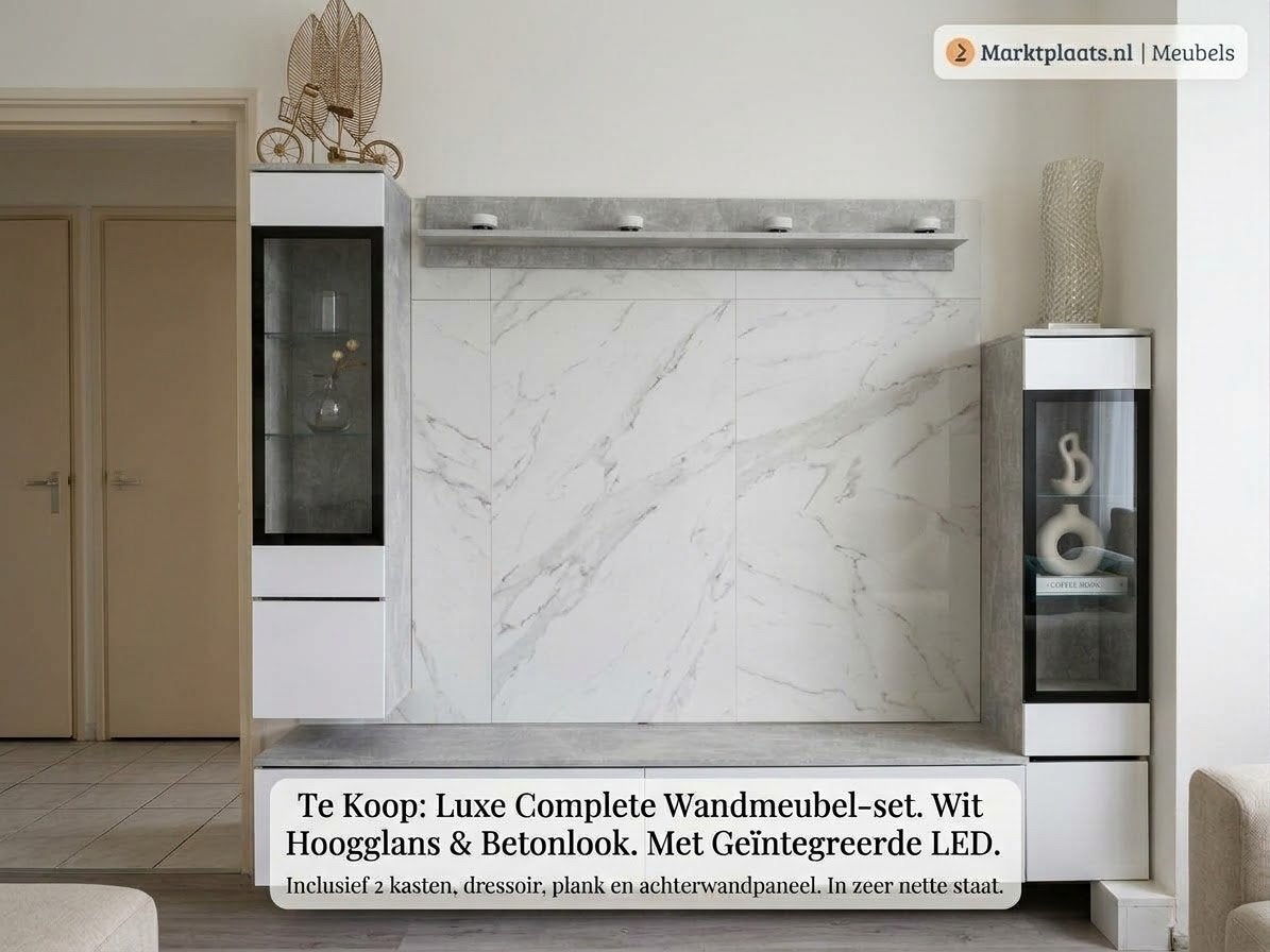 Luxe Complete Wandmeubel-set Wit Hoogglans & Betonlook, Ophalen, 200 cm of meer, Zo goed als nieuw, 25 tot 50 cm