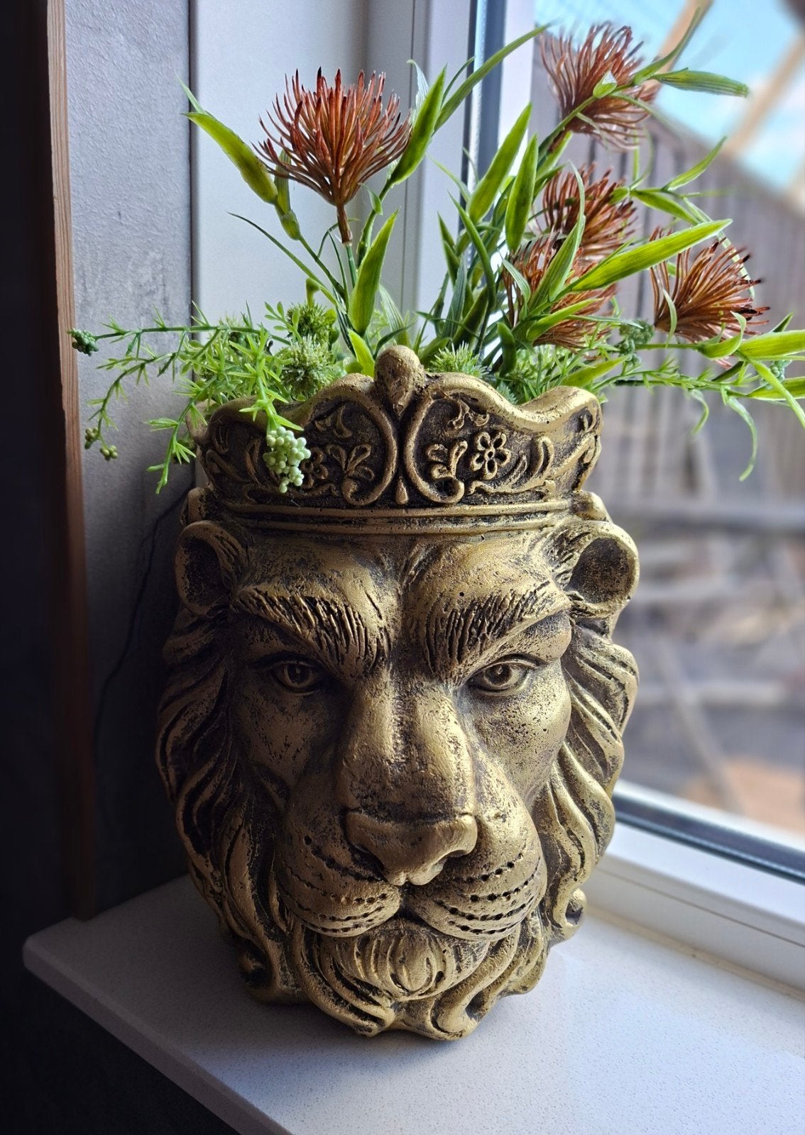 2x Gouden Leeuw en Luipaard Bloempotten met Inhoud, Huis en Inrichting, Ophalen, Gebruikt, Kunststof, Goud