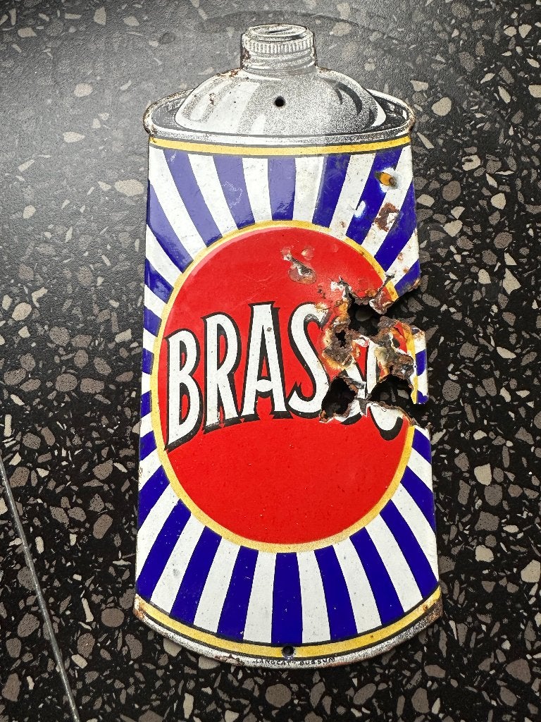 Origineel emaille deurpostje BRASSO bordje., Verzamelen, Ophalen of Verzenden, Gebruikt, Reclamebord