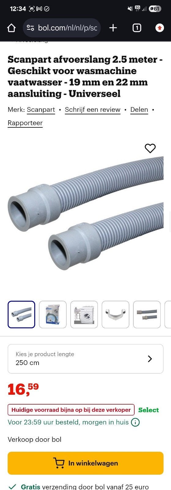 SCANPART Afvoerslang 2.5m - Wasmachine/Vaatwasser, Ophalen, Nieuw