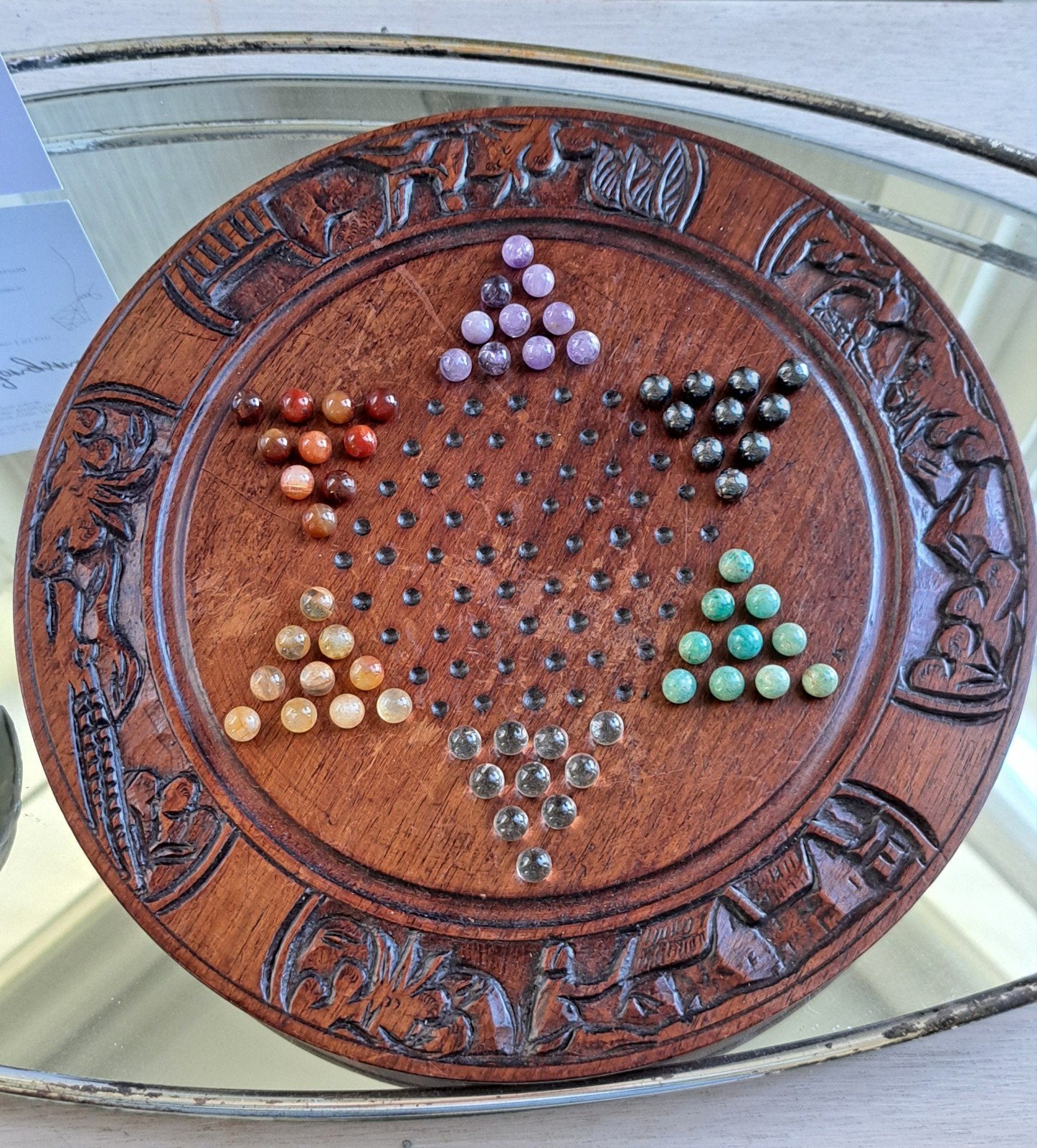 Antiek Chinees Damspel met Edelsteen Knikkers, Een of twee spelers, Ophalen of Verzenden, Gebruikt