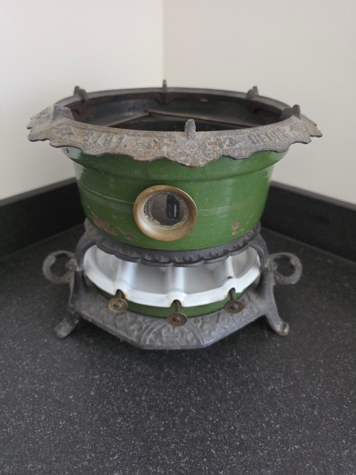 Petroleumstel, gietijzer, emaille, werkend, Antiek en Kunst, Antiek | Emaille, Ophalen of Verzenden