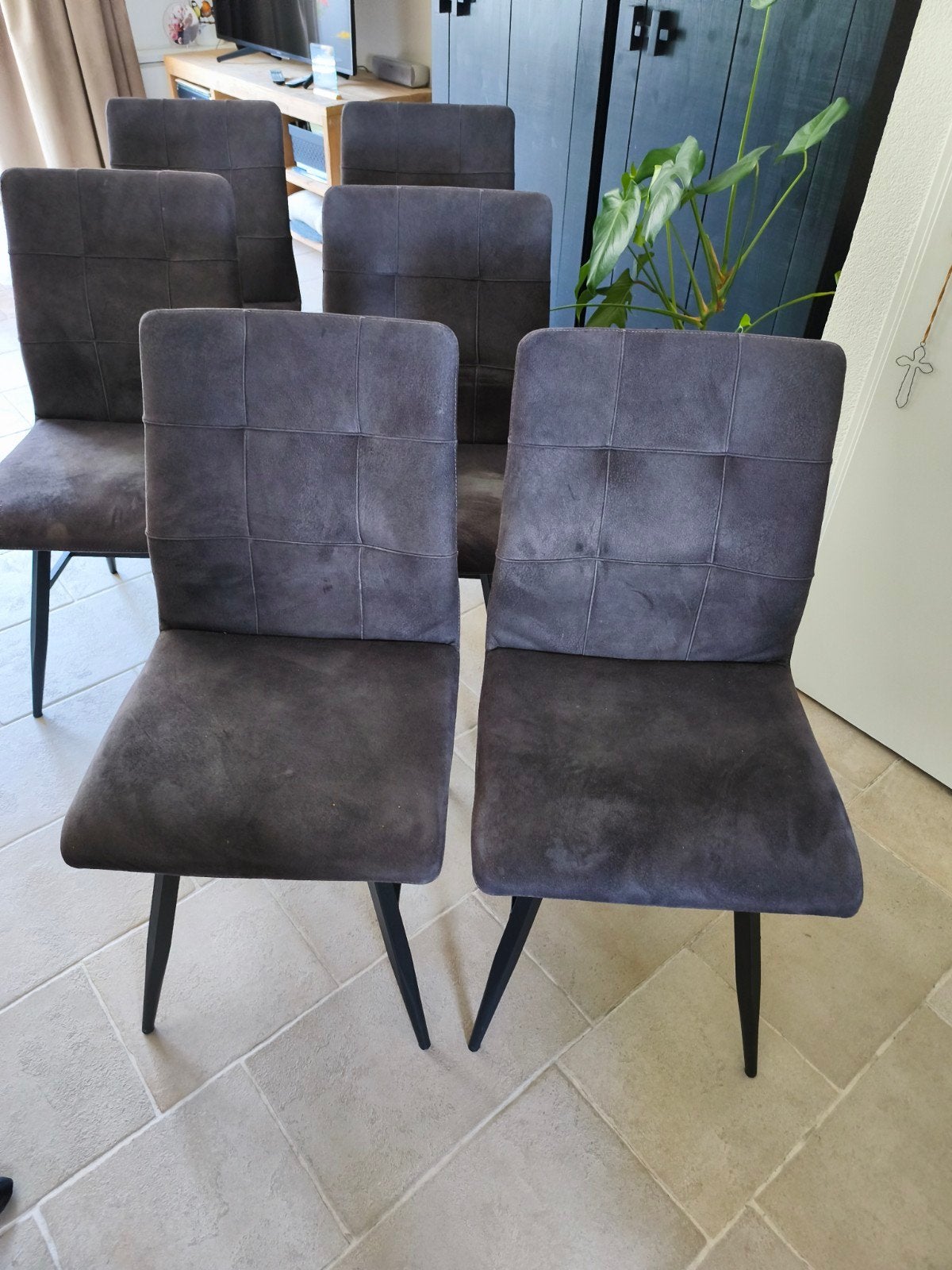 Set van 6 donkergrijze eetkamerstoelen, Gebruikt, Ophalen of Verzenden, Stof, Vijf, Zes of meer stoelen