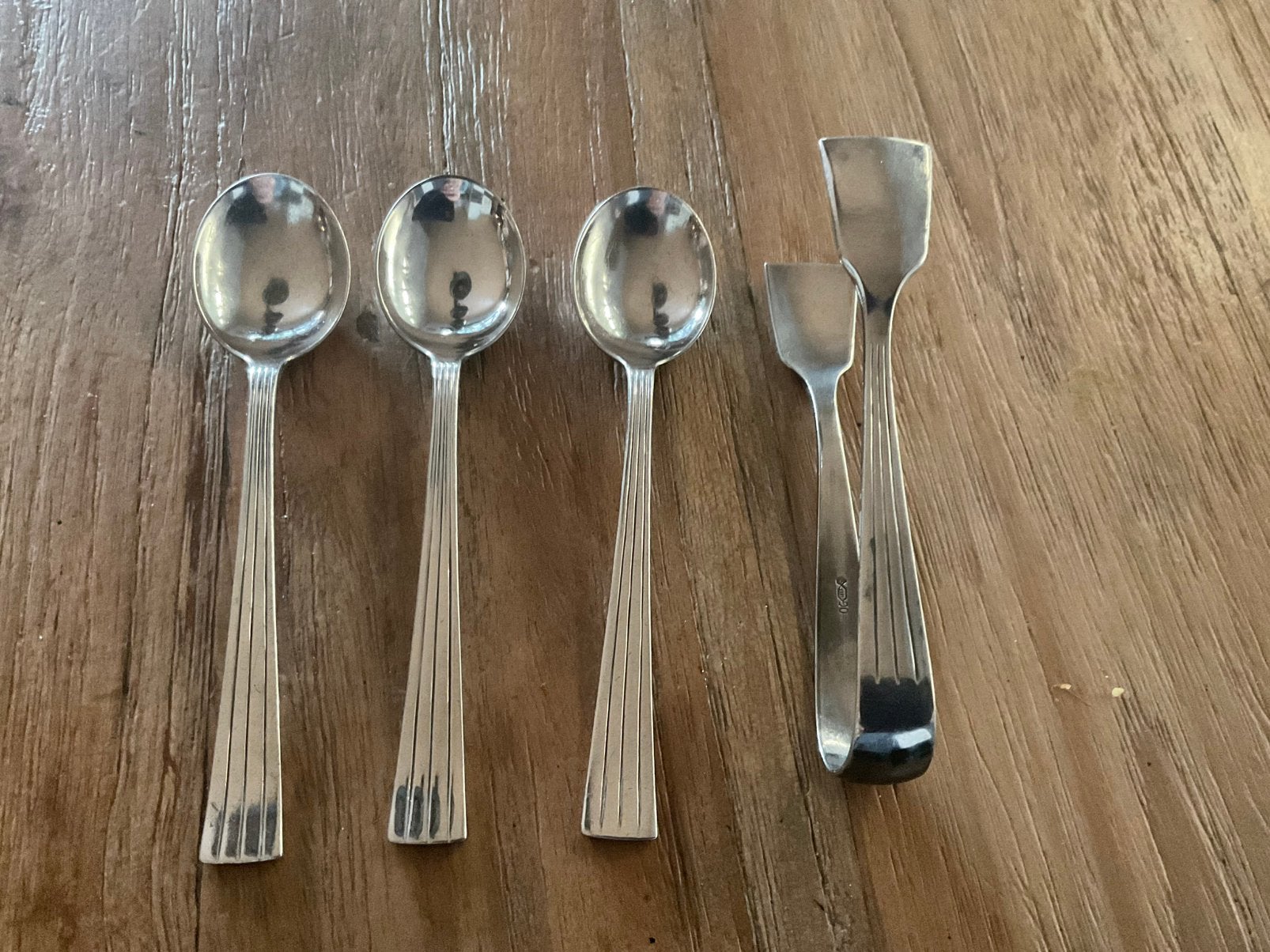 Vintage 3 verzilverde theelepeltjes + suikerklontjes knijper, Ophalen of Verzenden