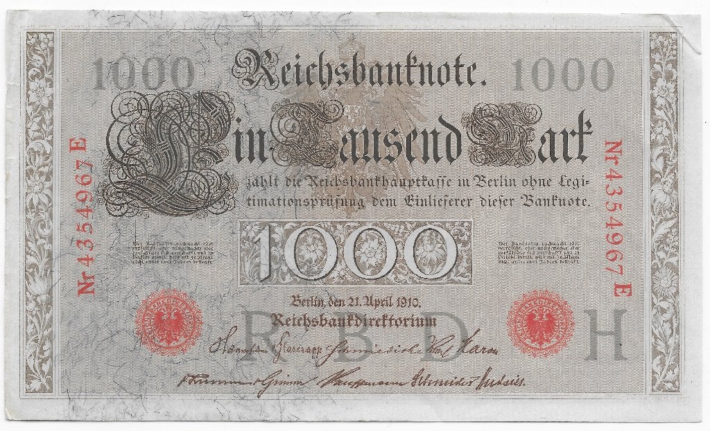 1000 Mark 1910 Reichsbanknote; two red seals 967E, Postzegels en Munten, Verzenden, Duitsland, Los biljet