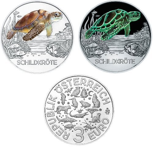 Oostenrijk 3 euro 2019 "Schildpad", BU met Glow-in-the-Dark, Ophalen of Verzenden, Oostenrijk, Overige waardes, Losse munt