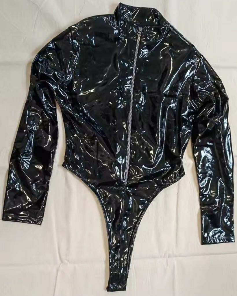 Mooie Lak Bodysuit Lange Rits, tm 3XL, Verzenden, Zwart, Body of Korset