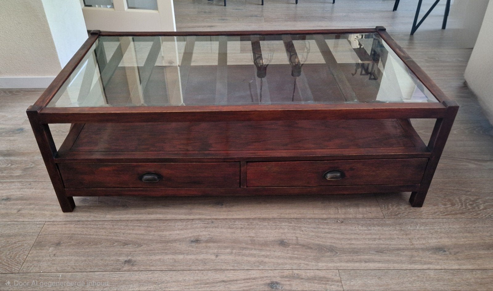 Salontafel van massief hout met glasplaat en lades, Huis en Inrichting, Ophalen, Gebruikt, 100 tot 150 cm, Glas