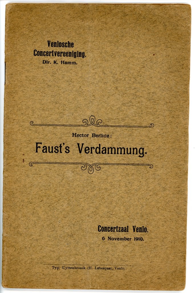 Uniek Antiek Programmaboekje Venlo 1910 – Faust (Berlioz), Gebruikt, Klassiek, Zang, Ophalen of Verzenden