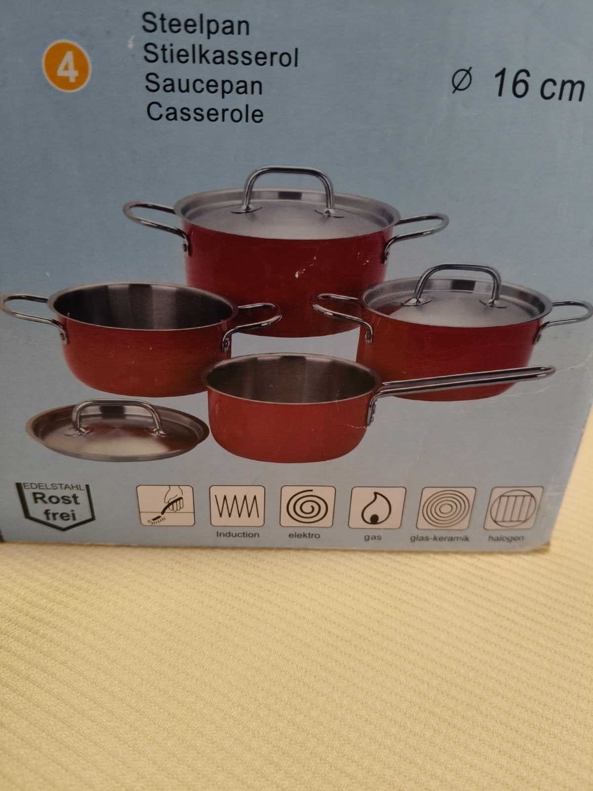 4-delige pannenset - Kookpannen en steelpan, Gebruikt, Met deksel, Pannenset, Ophalen of Verzenden