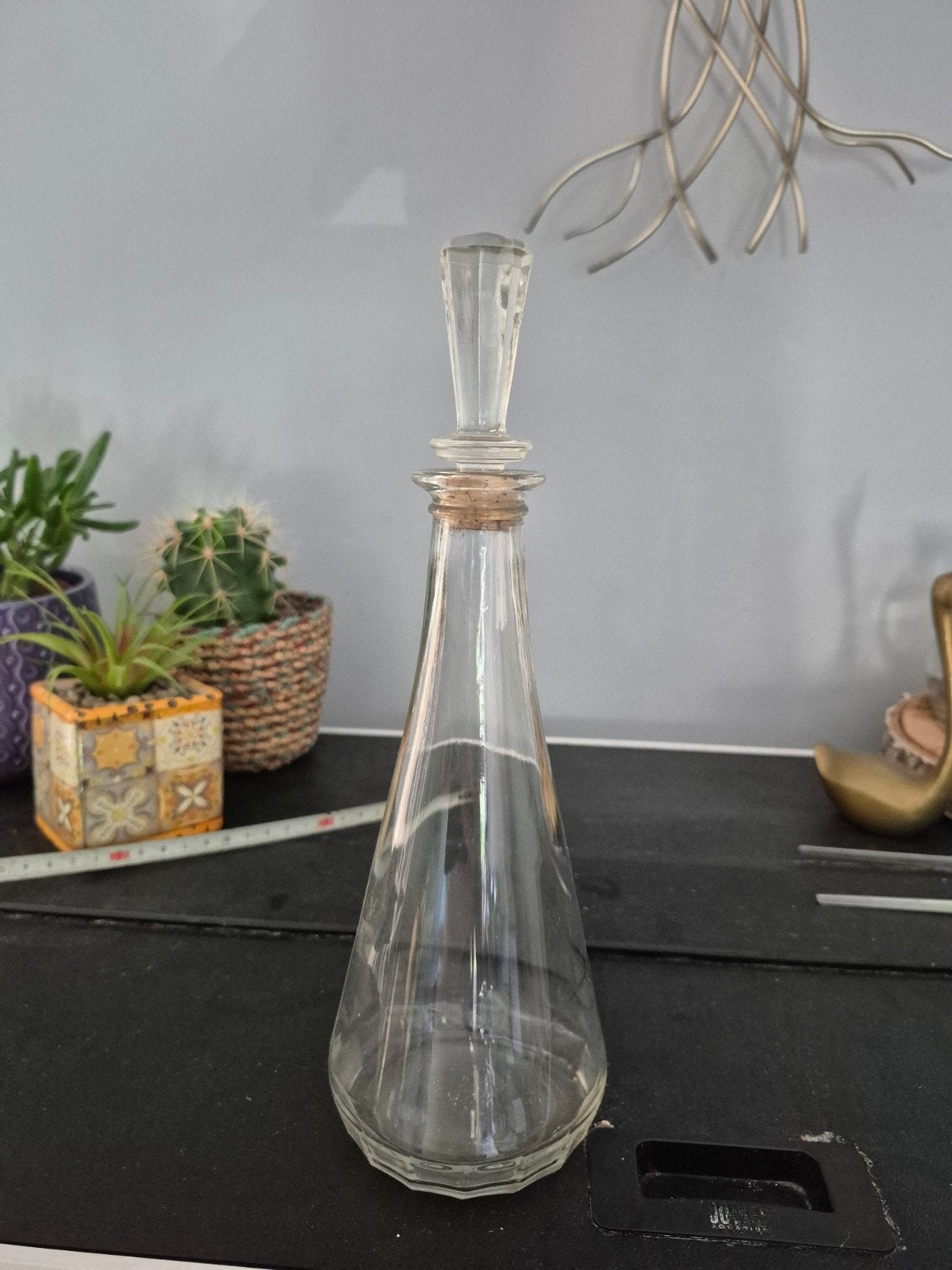 Vintage Glazen Karaf met Kurk en Kristallen Stop, Ophalen of Verzenden