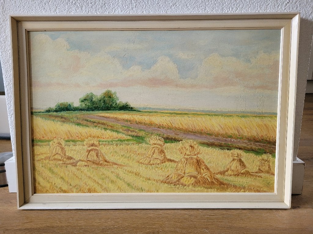 Olieverf op hout 'Korenschoven op het land' door G. Boute, Paneel, Ophalen of Verzenden, Landschap, Olieverf