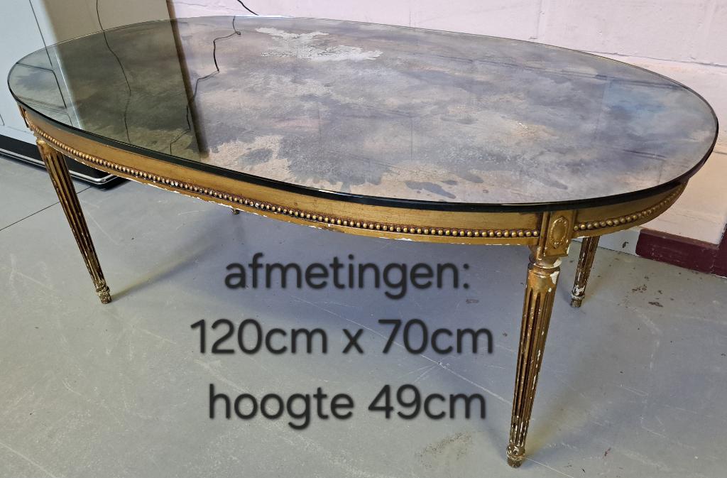 Antiek gouden salontafel met donker fumé spiegelglas, Ophalen