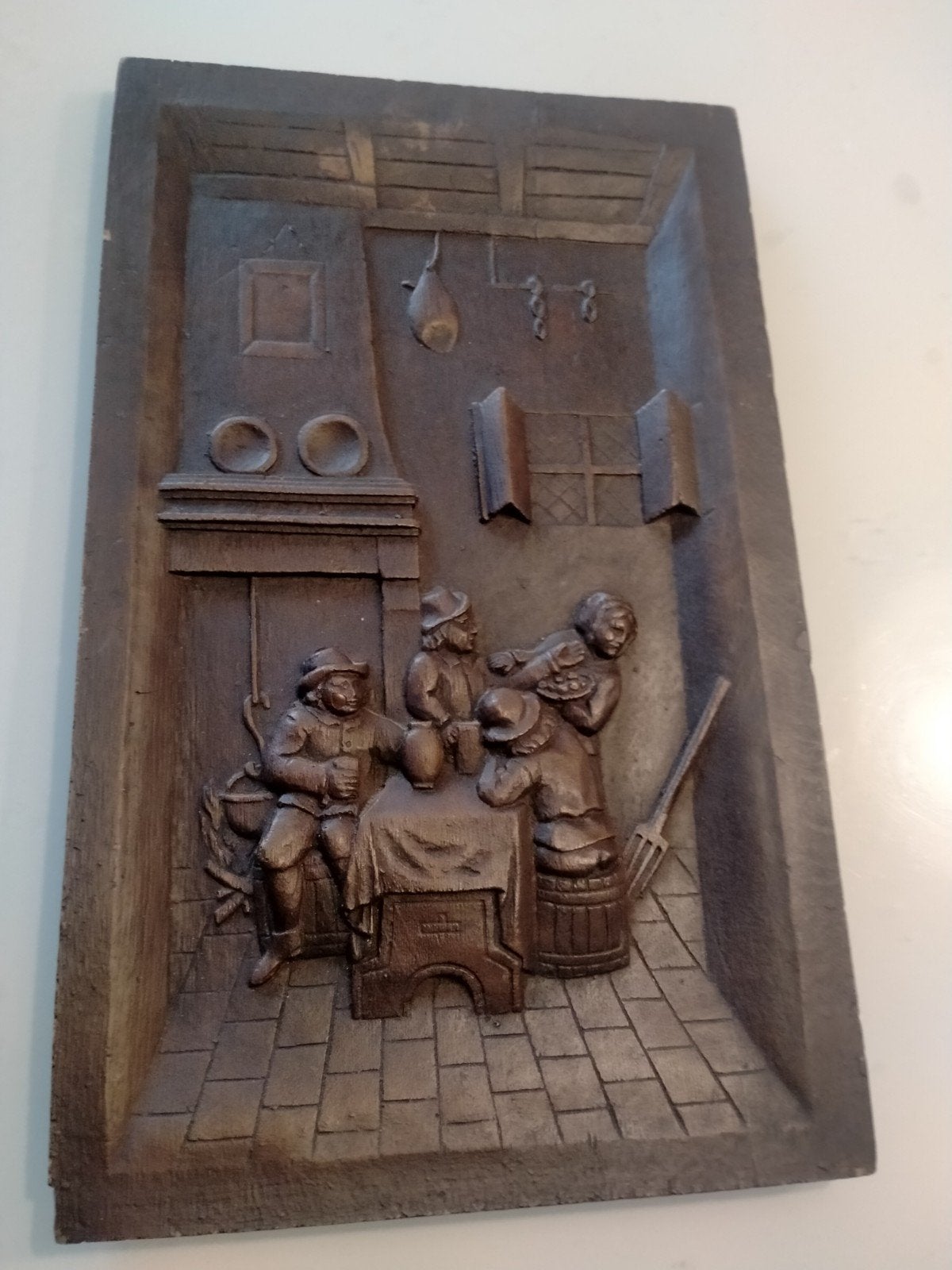 Antiek massief eikenhouten wandpaneel, 60+ jaar oud, Ophalen of Verzenden, Hout, Bruin, Groep mensen